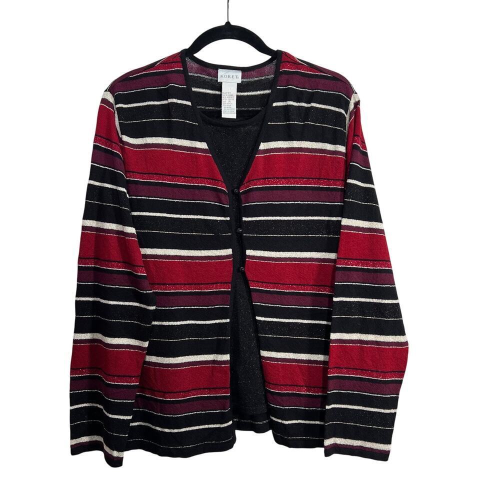 Koret Womens XL Red Black White Striped Long Sleeve 2 In 1 Sweater Tank Cardigan